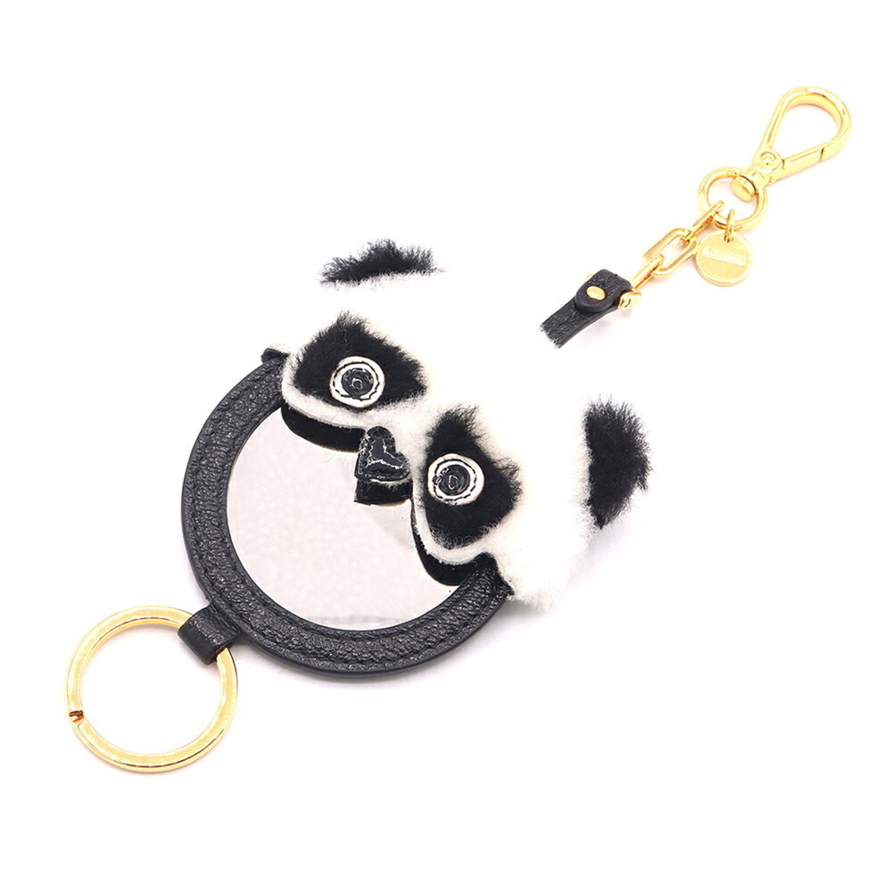Miu Miu Miu Keyring 5TL208 White Black Leather Faux Fur Keychain Accessory Ba...